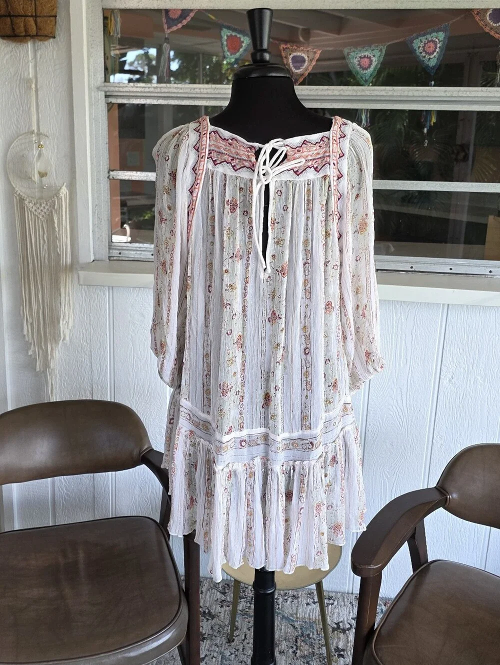 Free People Boho Tunic Mini Dress Sheer Dance Magic Ivory Floral Small